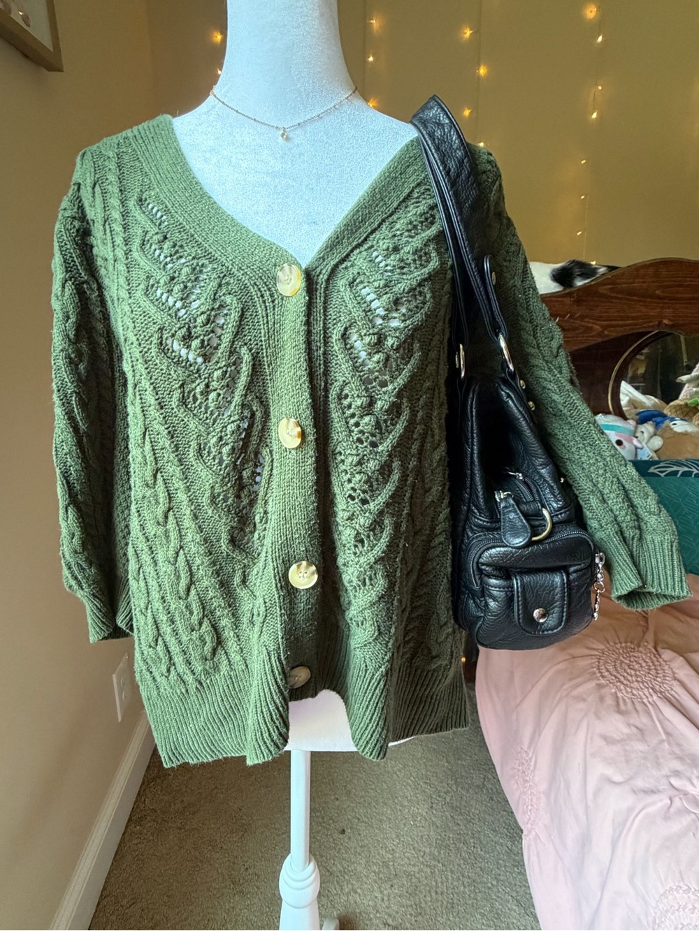 Time and Tru Olive Green Cable Knit Button-Front Cardigan